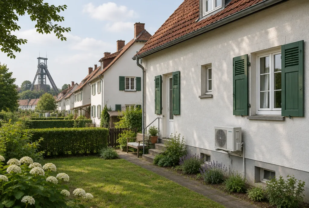 Siedlungshäuser mit grünen Fensterläden und Außengerät einer Klimaanlage an der Rückwand, Beispielbild
