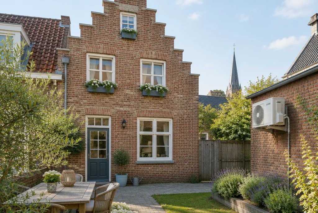 Backstein-Stadthaus mit Treppengiebel und Außengerät einer Klimaanlage im Hinterhof, Beispielbild