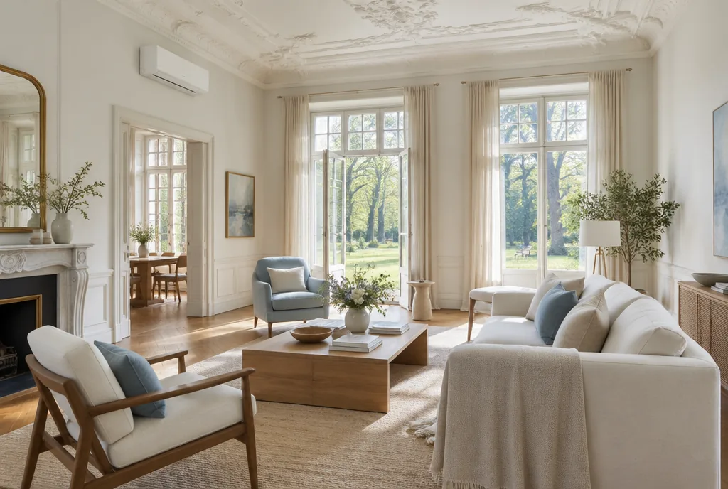 Wohnzimmer einer Gründerzeitvilla mit Stuckdecke und Klimagerät an der Wand, Beispielbild