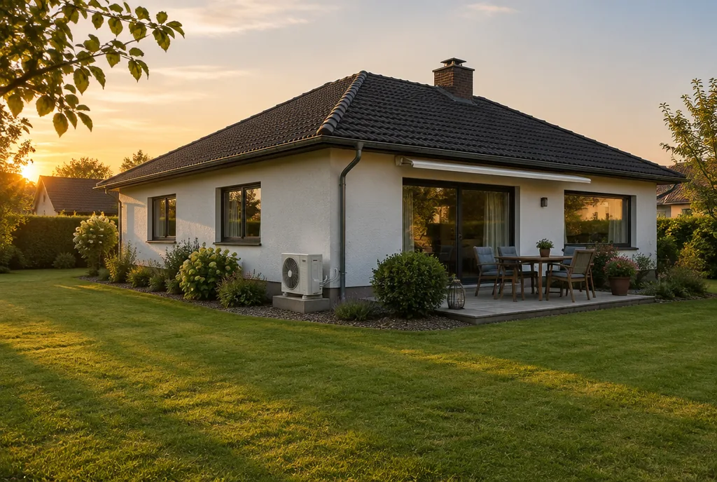 Beispielbild: Bungalow mit dem Außengerät einer Klimaanlage neben der Terrasse