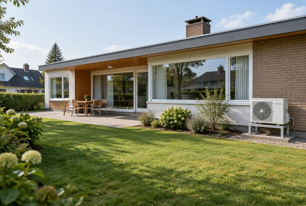 Einfamilienhaus aus den 1960er Jahren mit Flachdach und Außengerät an der Terrasse, Beispielbild