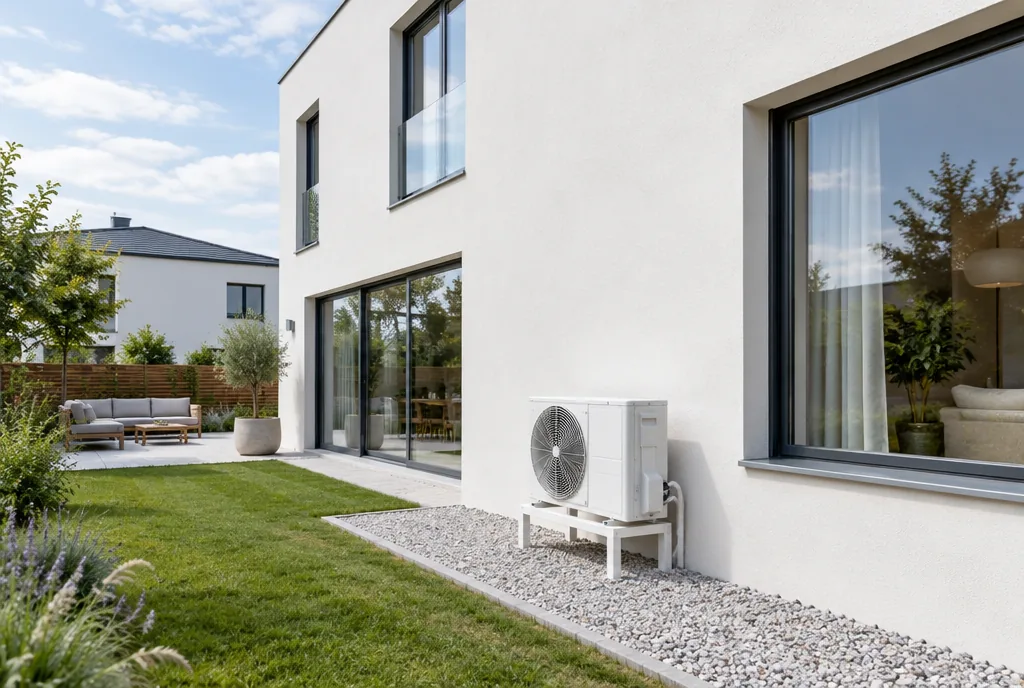 Beispielbild: moderne Stadtvilla, das Außengerät einer Klimaanlage steht in einem Kiesstreifen am Haus