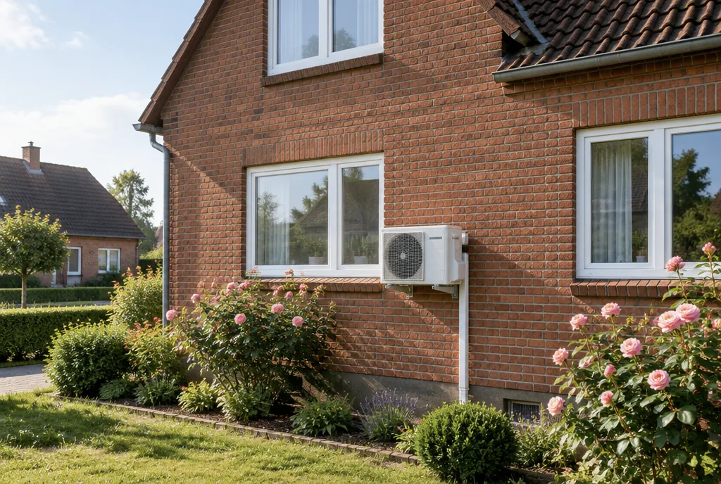 Beispielbild: Klinkerhaus aus den 1950er Jahren mit dem Außengerät einer Klimaanlage unter dem Fenster