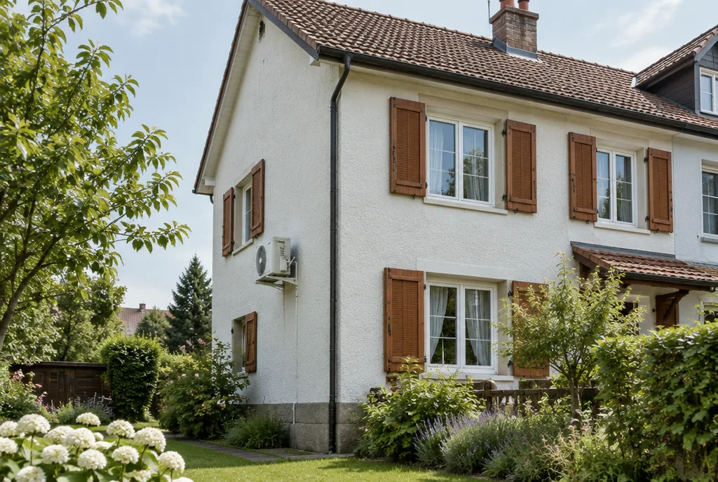 Beispielbild: Doppelhaus aus der Vorkriegszeit mit Fensterläden und einem Klimagerät an der Seitenwand