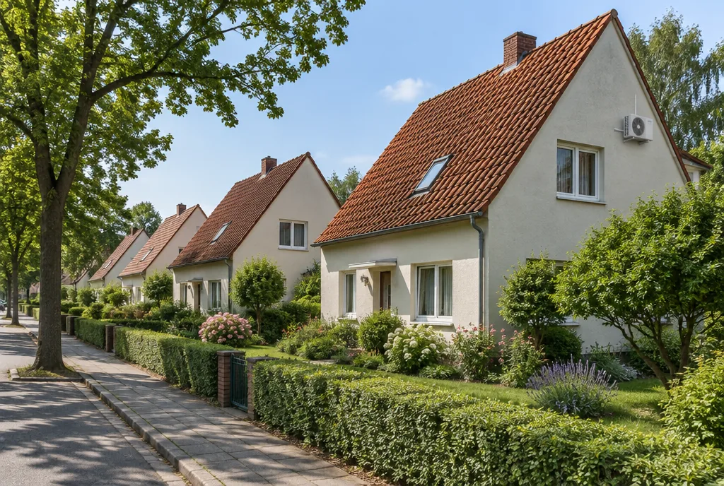Siedlungshäuser aus den 1950er Jahren mit Außengerät einer Klimaanlage am Giebel, Beispielbild