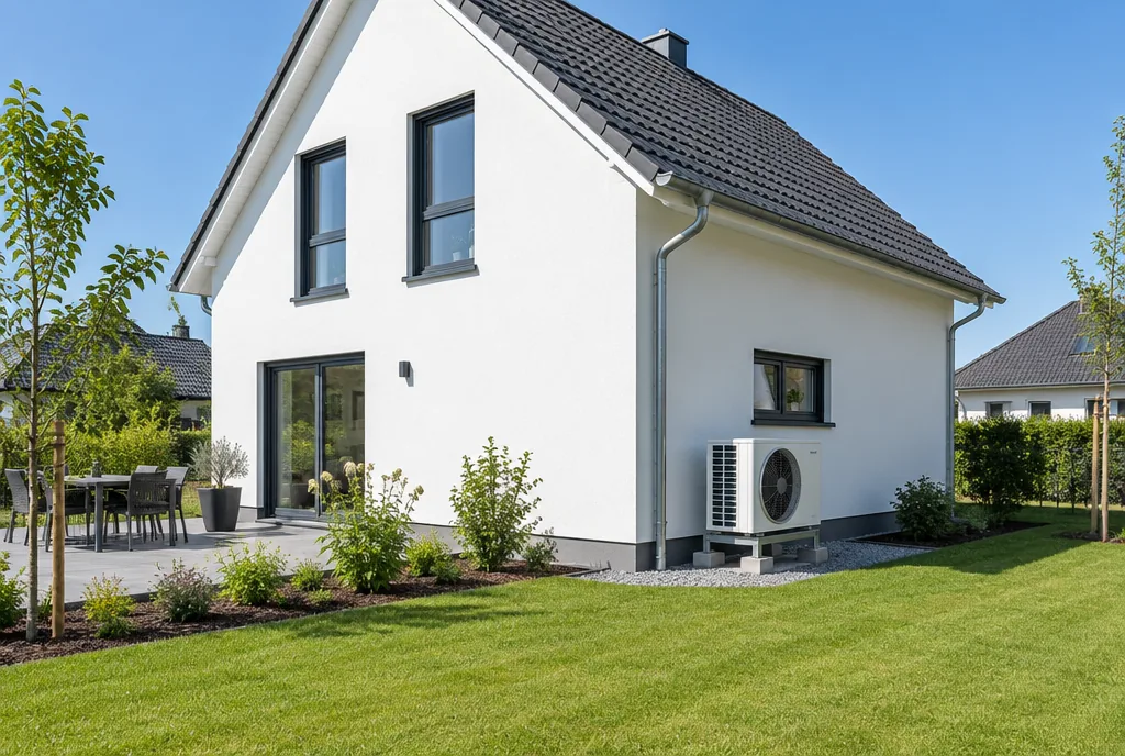 Beispielbild: neu gebautes Einfamilienhaus mit dem Außengerät einer Klimaanlage auf einem Bodenständer