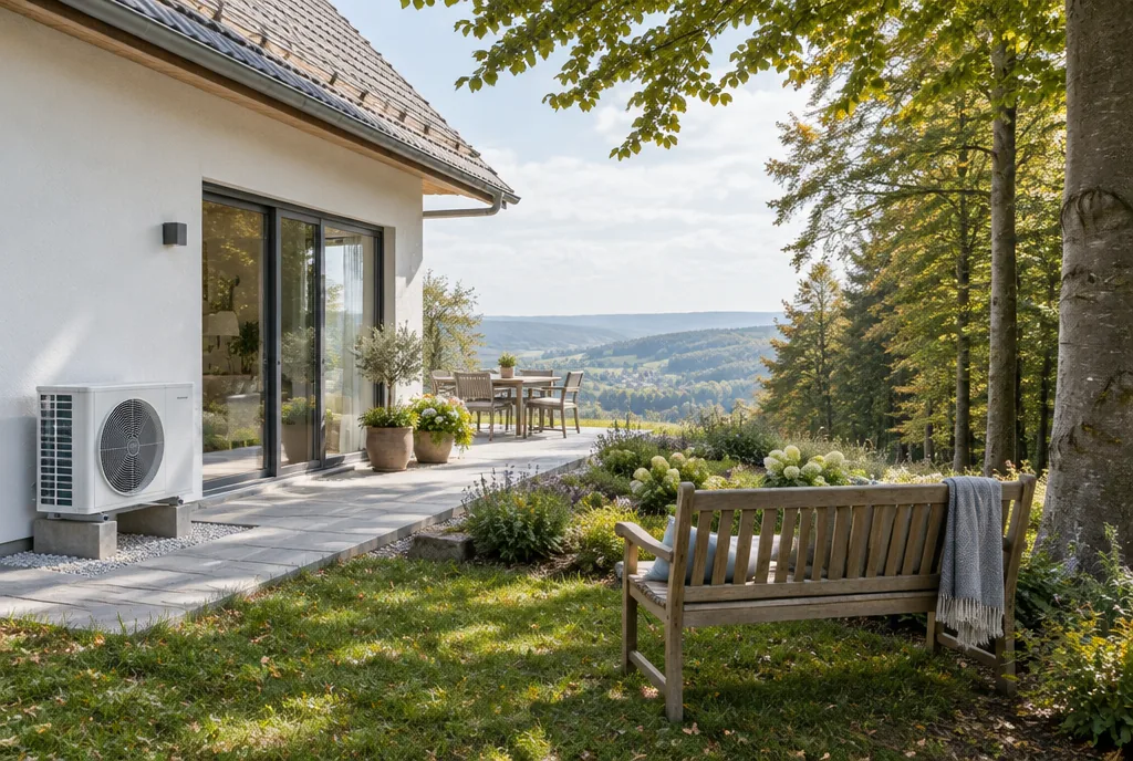 Beispielbild: Haus am Rand eines Buchenwalds, das Außengerät einer Klimaanlage steht an der Terrasse