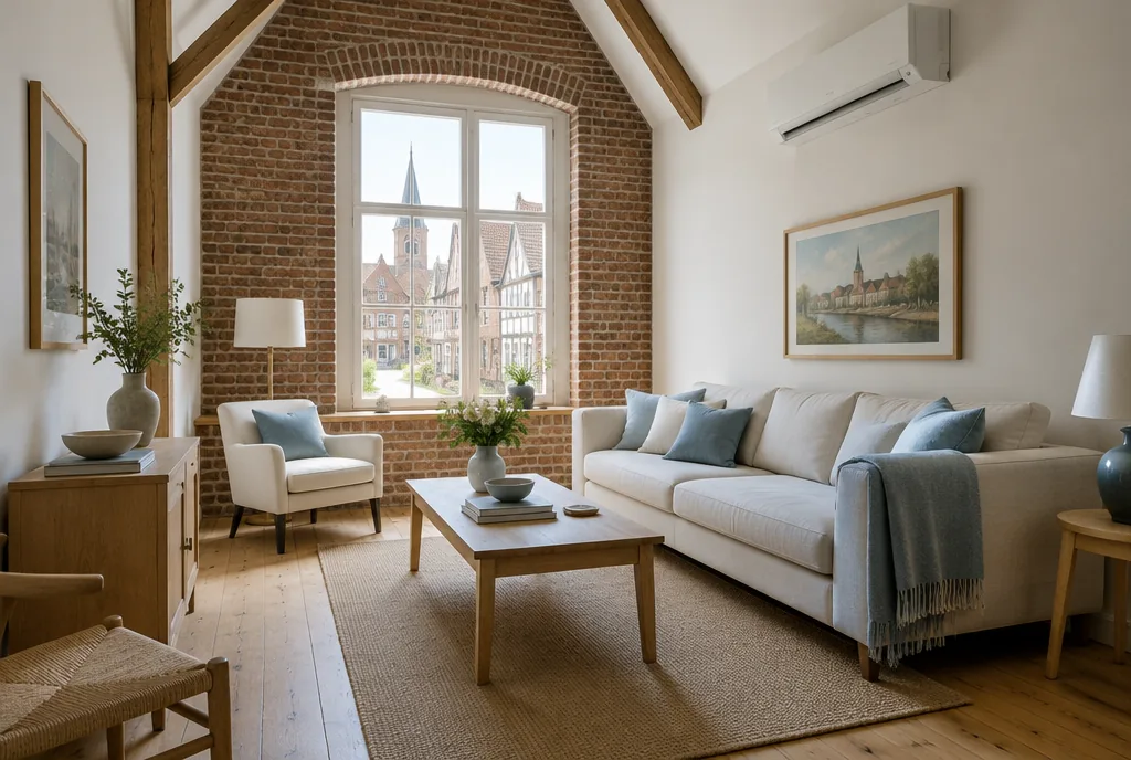 Wohnzimmer in einem schmalen Backstein-Giebelhaus mit Klimagerät an der Wand, Beispielbild