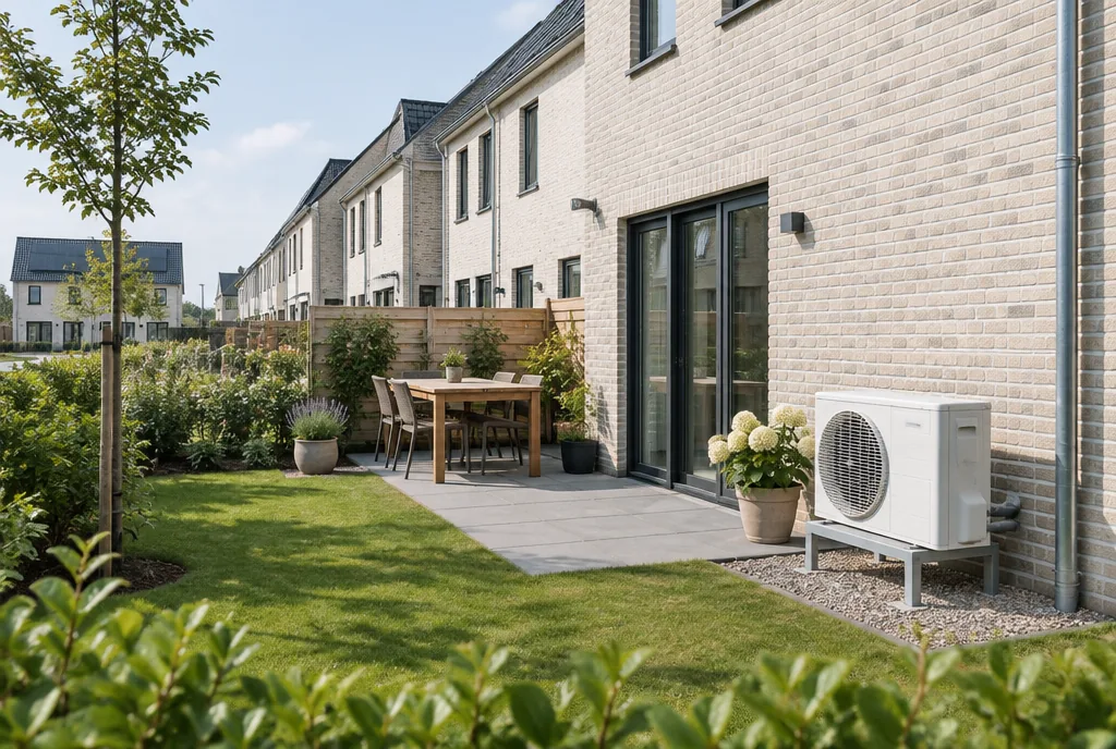 Beispielbild: neue Reihenhäuser, das Außengerät einer Klimaanlage steht im Garten