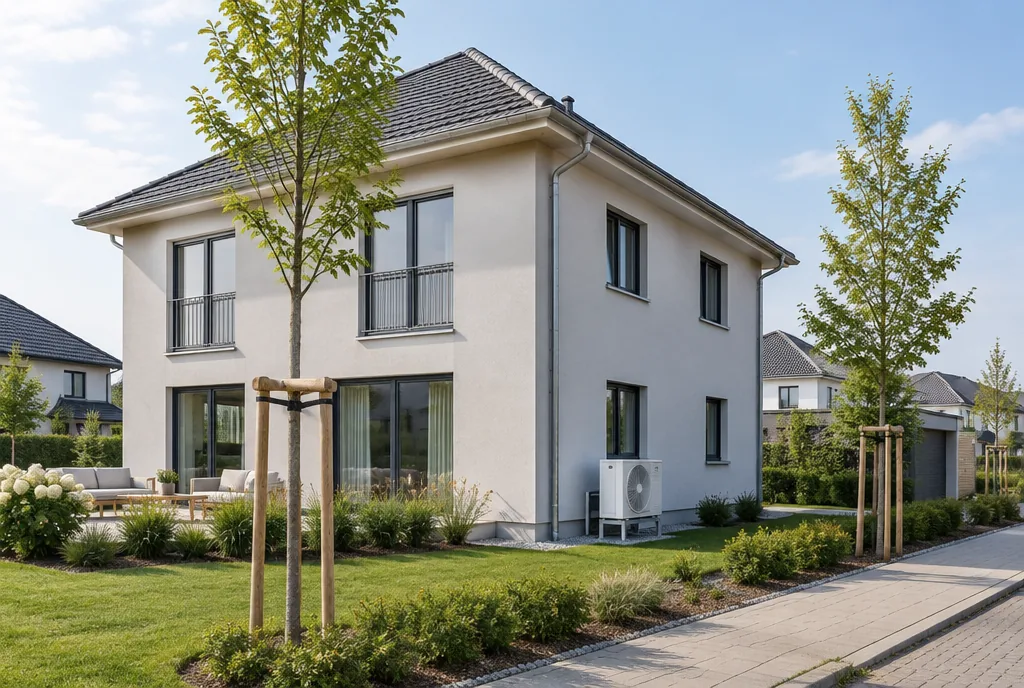 Moderne Stadtvilla im Neubaugebiet mit Außengerät neben dem Haus, Beispielbild