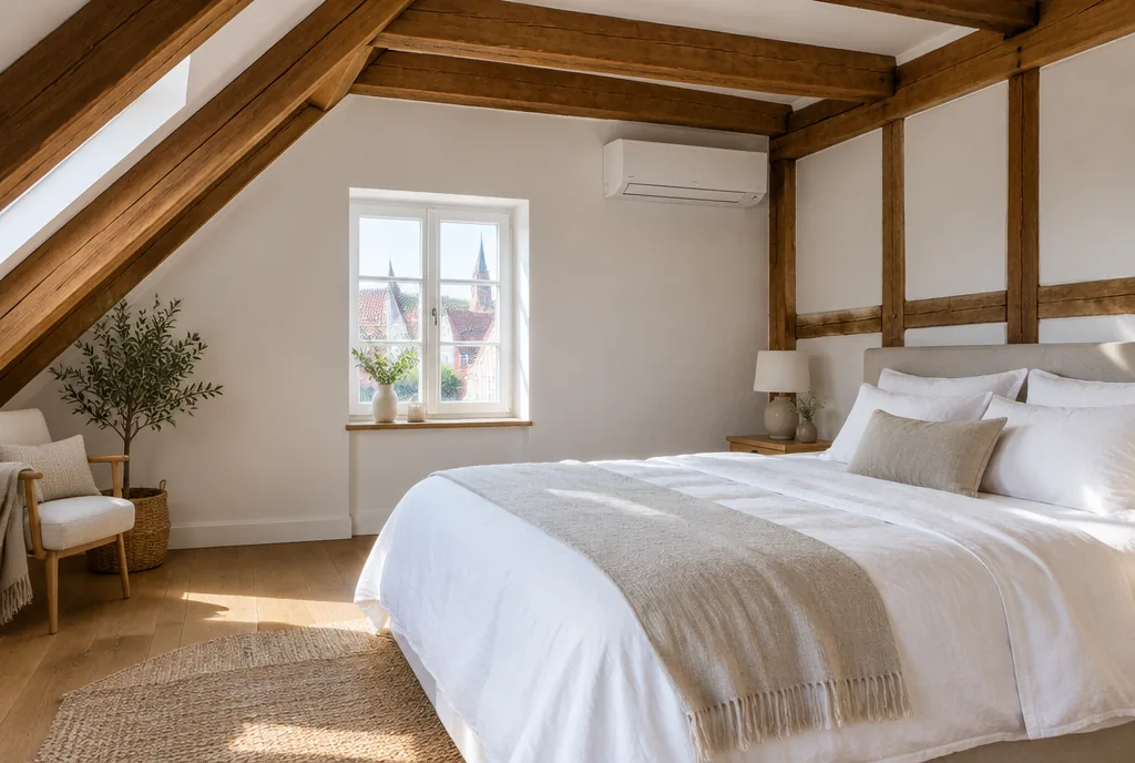 Dachzimmer in einem Fachwerkhaus mit Klimagerät an der Wand, Beispielbild