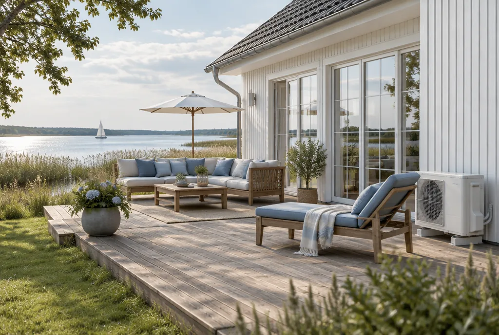 Beispielbild: Haus mit Holzterrasse und Klimagerät, im Hintergrund ein See mit Schilf