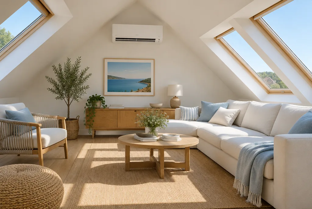 Ausgebautes Dachzimmer mit Dachschräge und Split-Innengerät an der Giebelwand