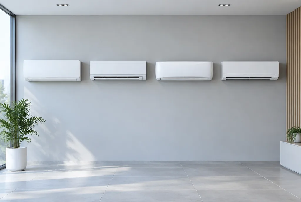 Mehrere weiße Split-Innengeräte verschiedener Hersteller nebeneinander an einer Wand