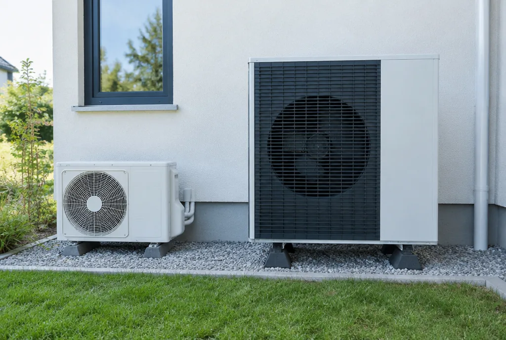 Außengerät einer Split-Klimaanlage und Außeneinheit einer Luft-Wasser-Wärmepumpe an einem Einfamilienhaus